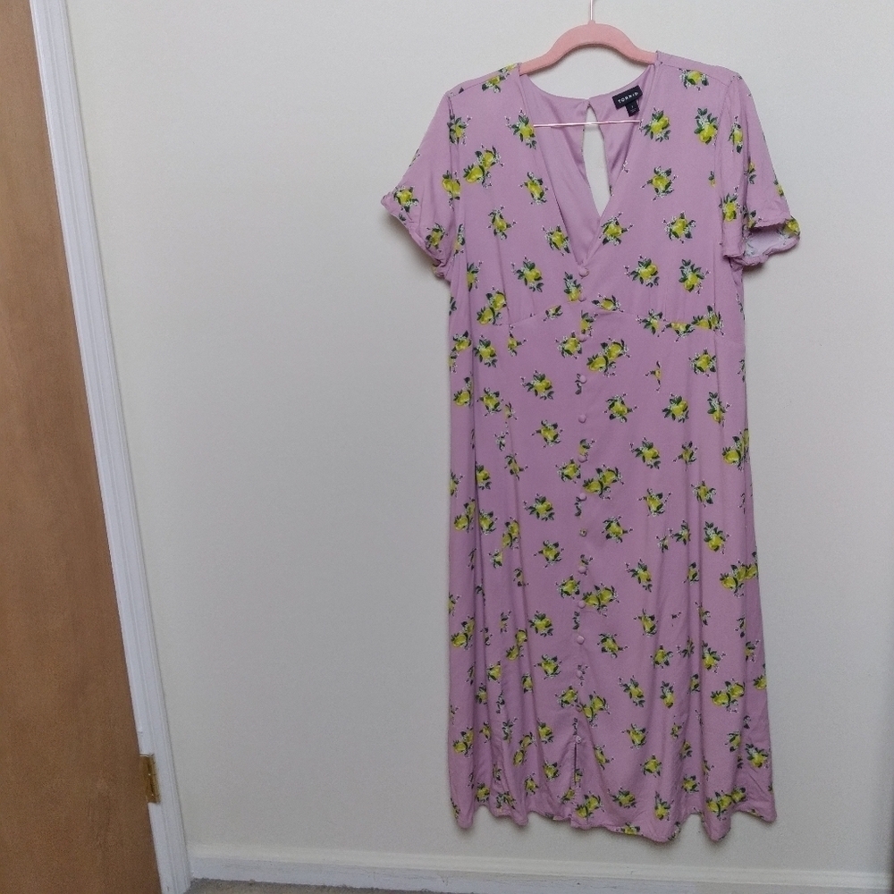 Torrid Purple Short Sleeve V Neck Lemon Print Midi Button Front Dress Size 1 1X - Picture 2 of 13